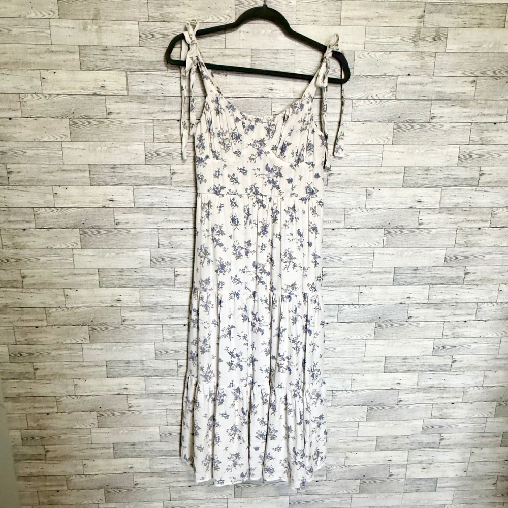 Trixxi Womens‎ Medium Floral Tiered Maxi Dress White Purple Tie Shoulder Smocked - Picture 8 of 12